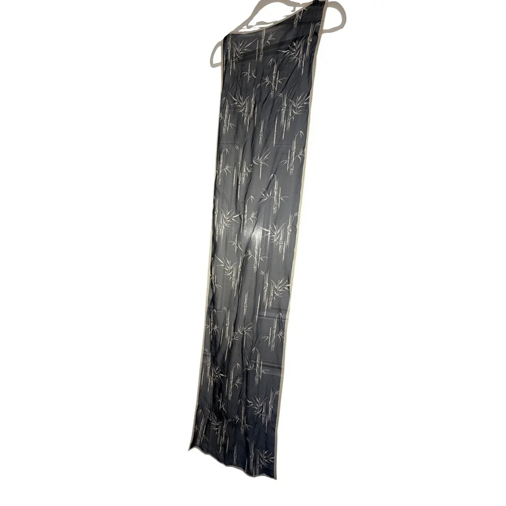 Vintage Sheer Black & Cream Bamboo Print Long Scarf Chiffon Zen Dark Academia